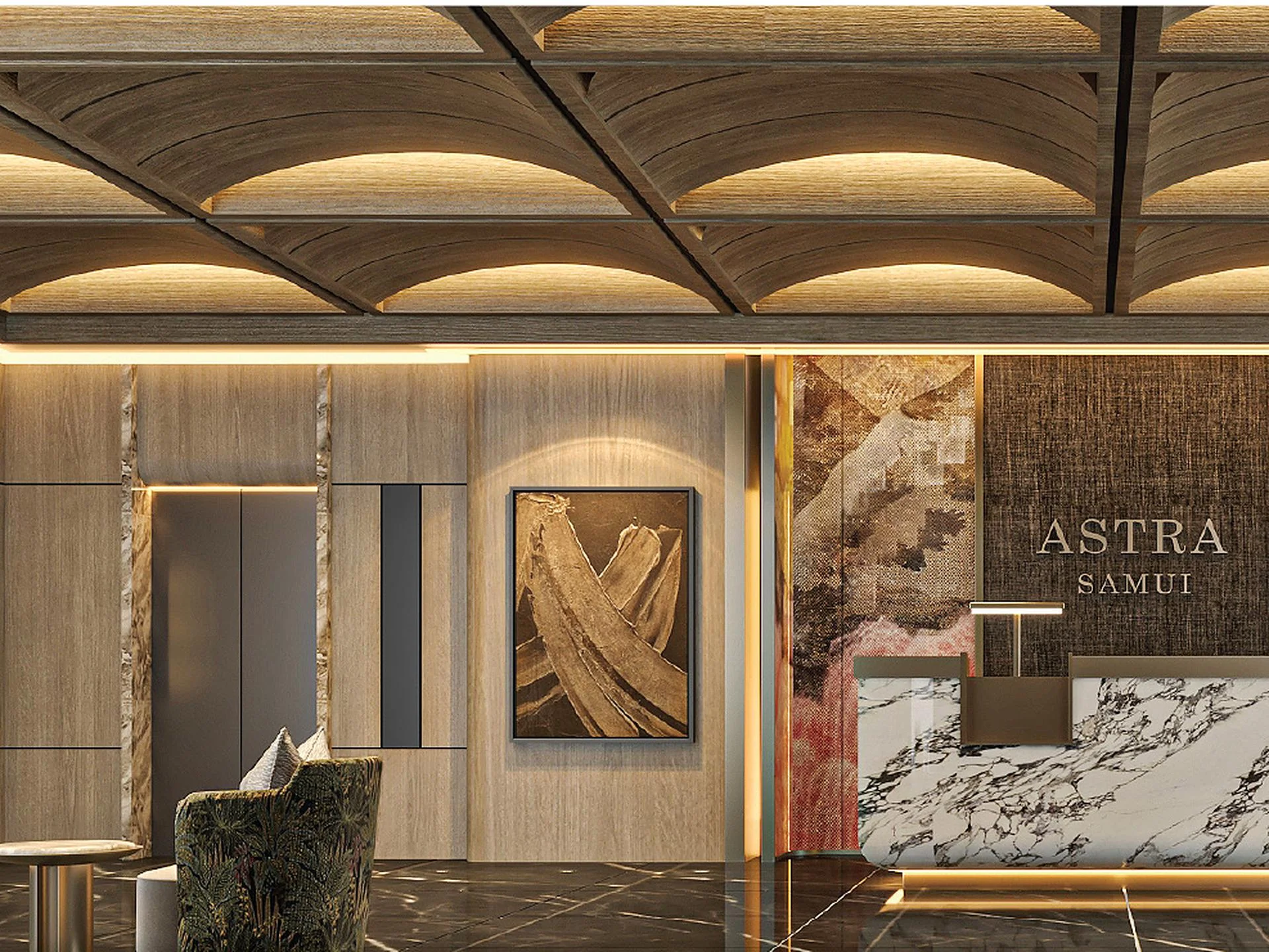 Lobby reception desk with marble counter and wood-arched ceiling at The Astra Samui, Thailand
