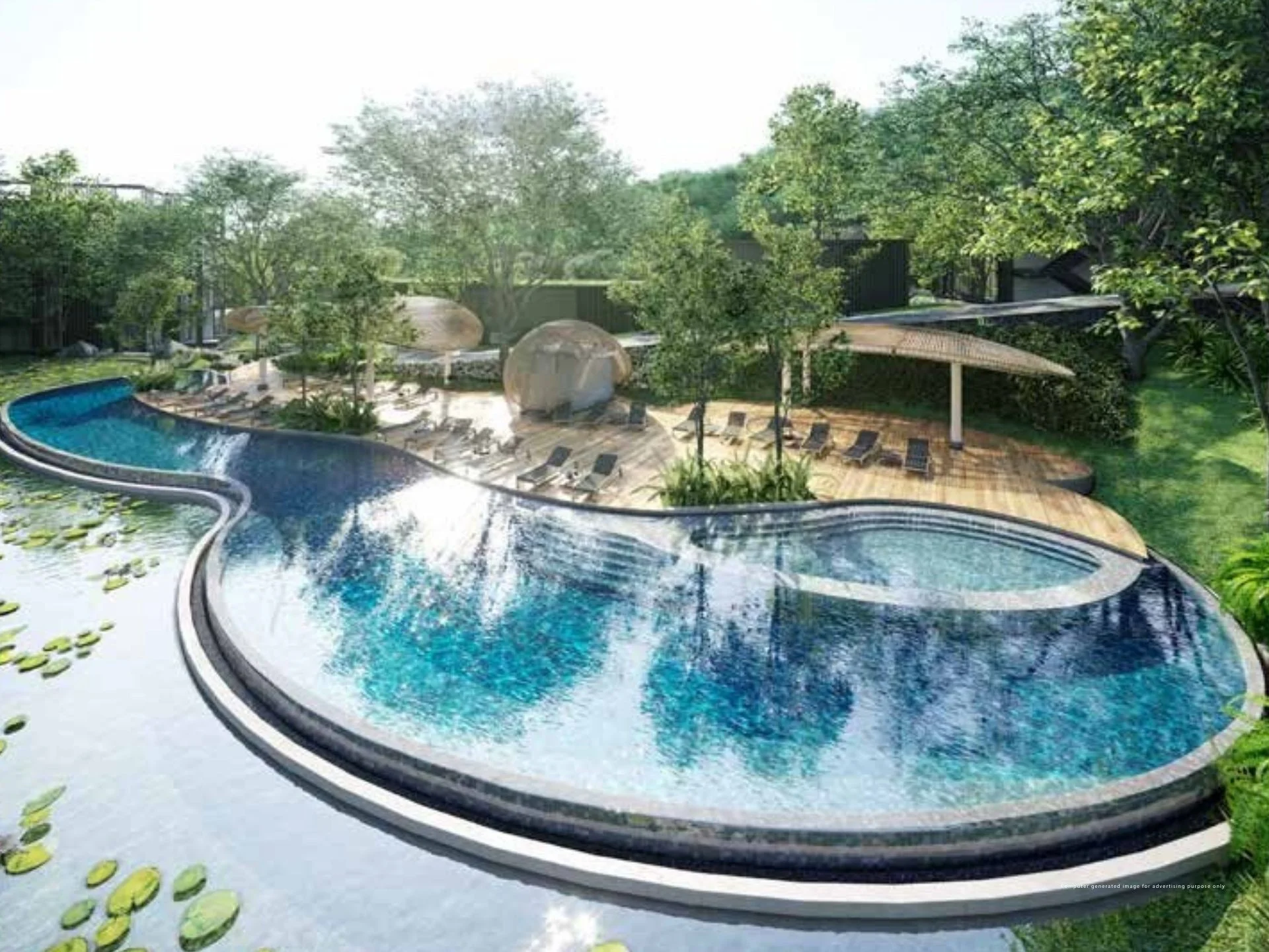 Swimming pool area at MGallery Residences MontAzure, Kamala, Thailand: curved infinity pool with lounge deck and pavilions