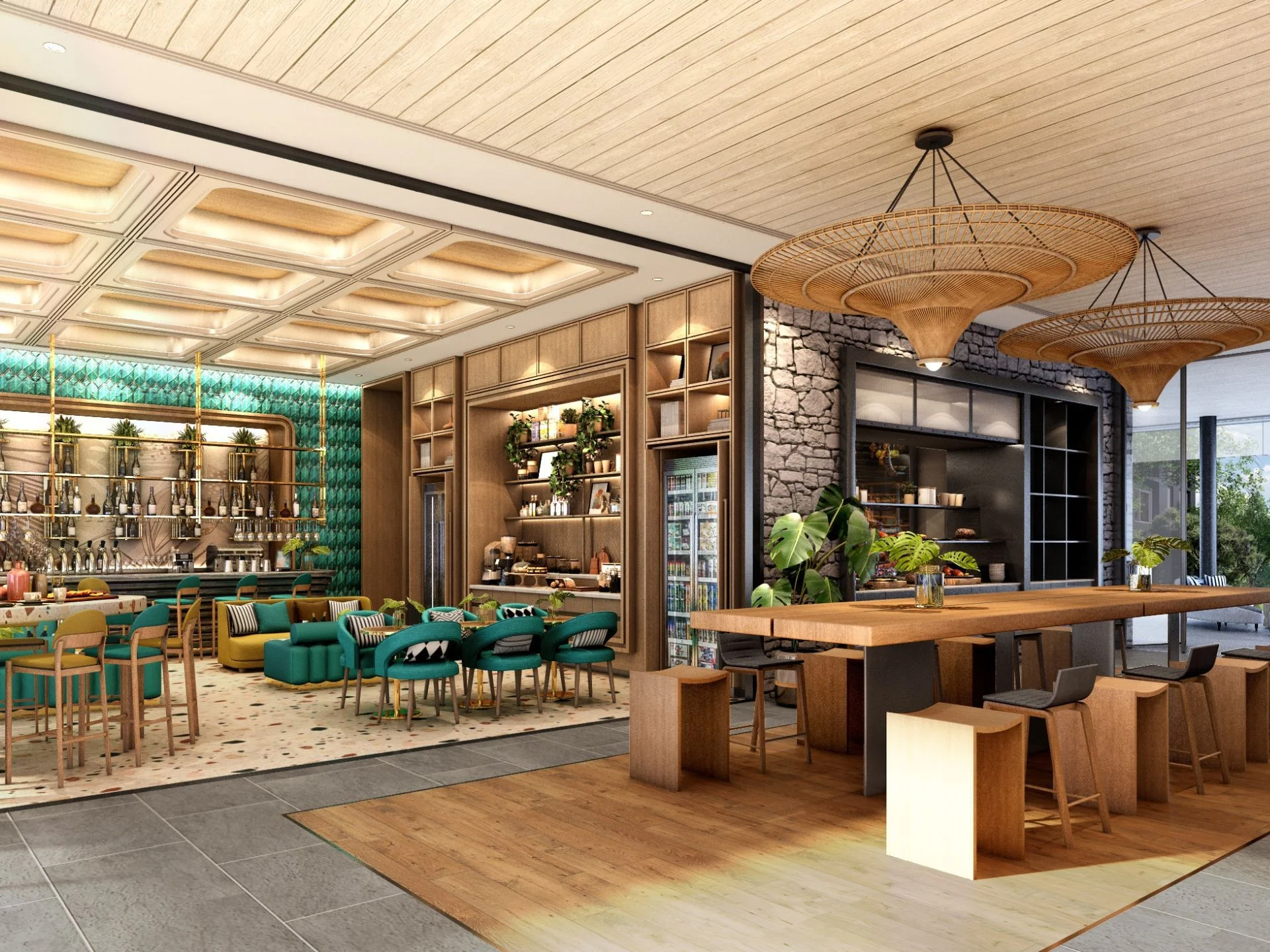 Lounge and bar area with rattan pendant lights at MGallery Residences MontAzure, Thailand