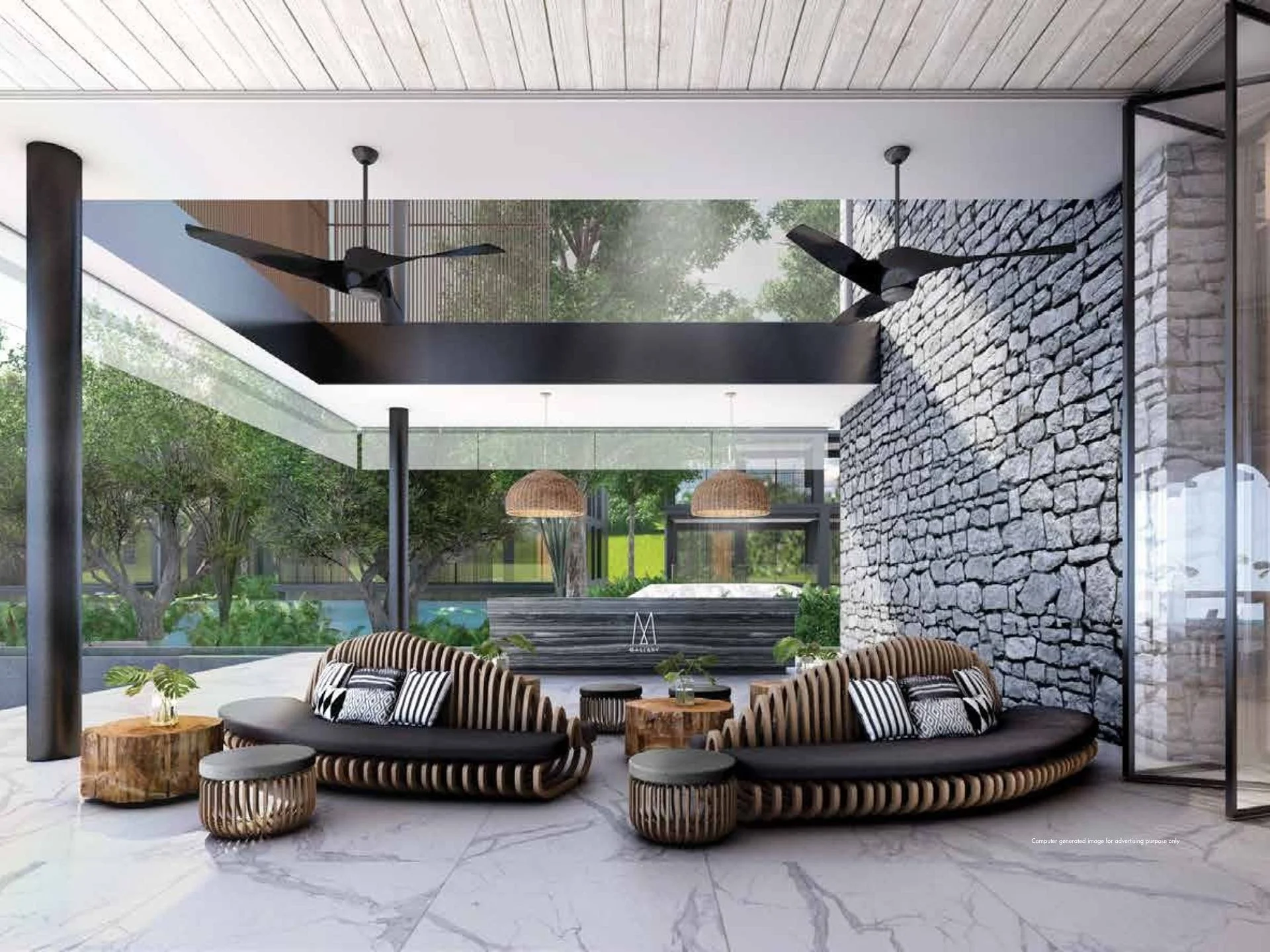 Covered lounge area with rattan sofas and stone wall at MGallery Residences MontAzure, Thailand