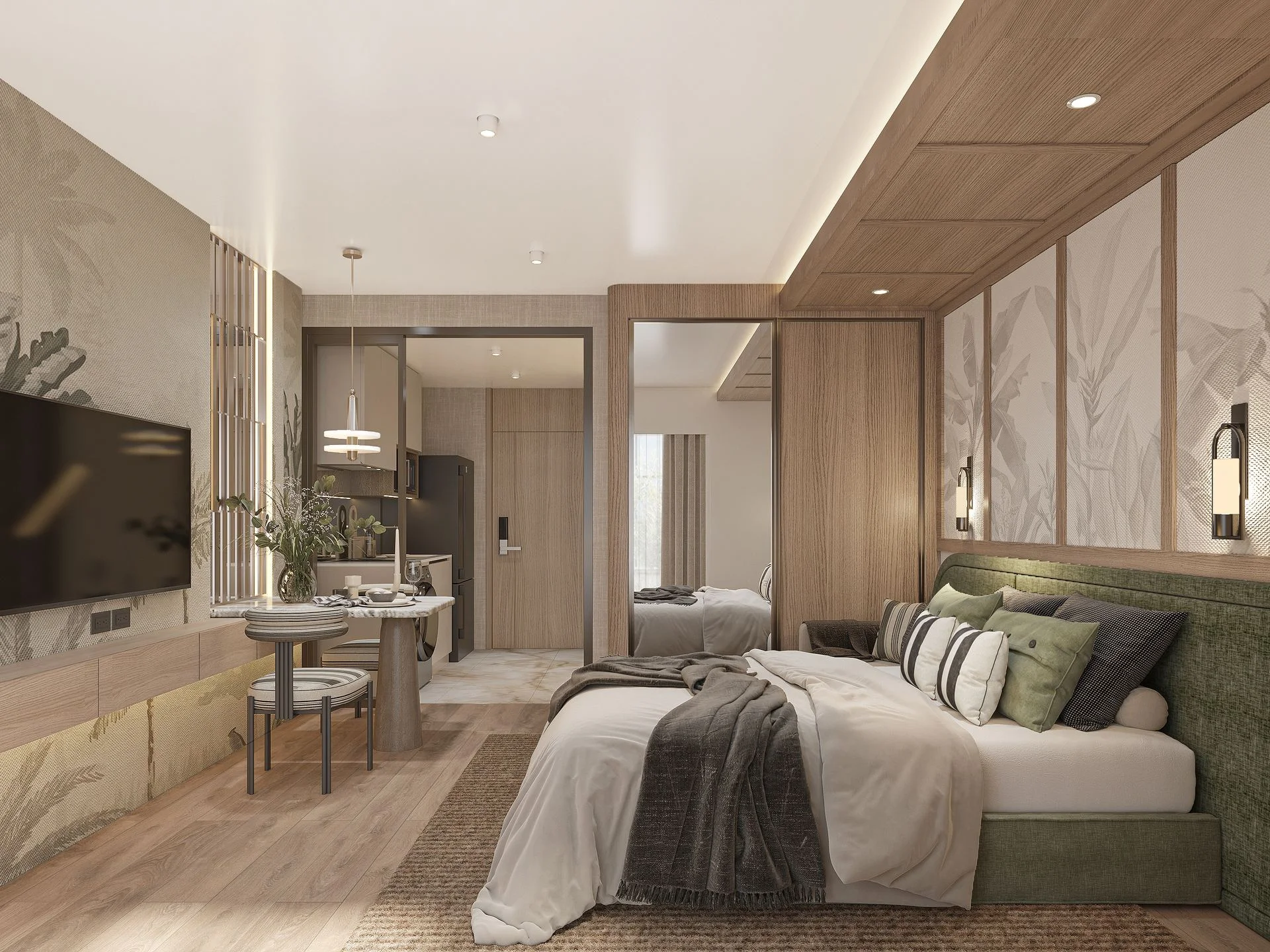 Bedroom and living area interior in a studio apartment at The Astra Samui, Bo Phut, Thailand