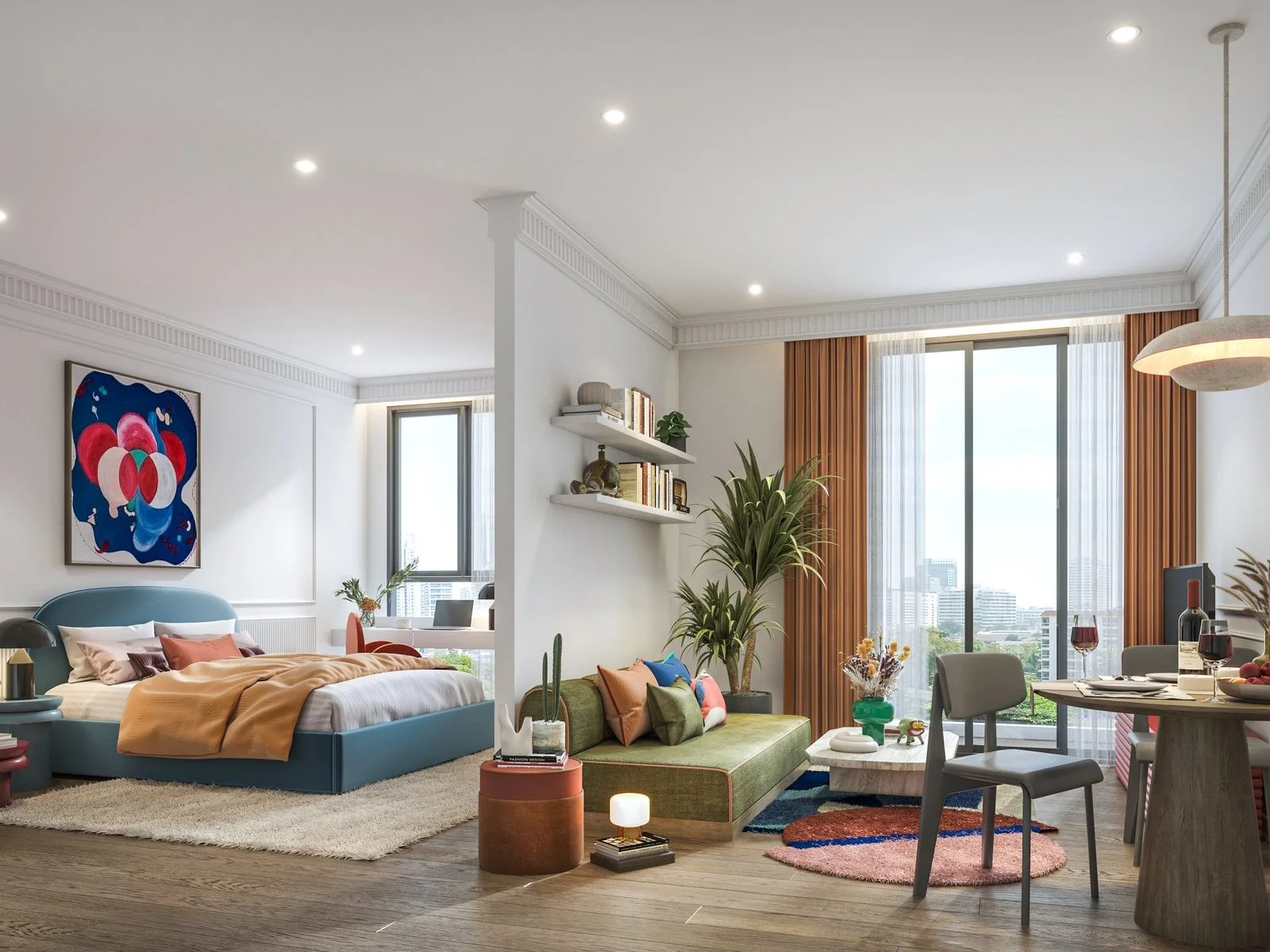 Studio-style interior with bed, sofa and dining table in a 1-bedroom apartment at Via Ari, Thailand