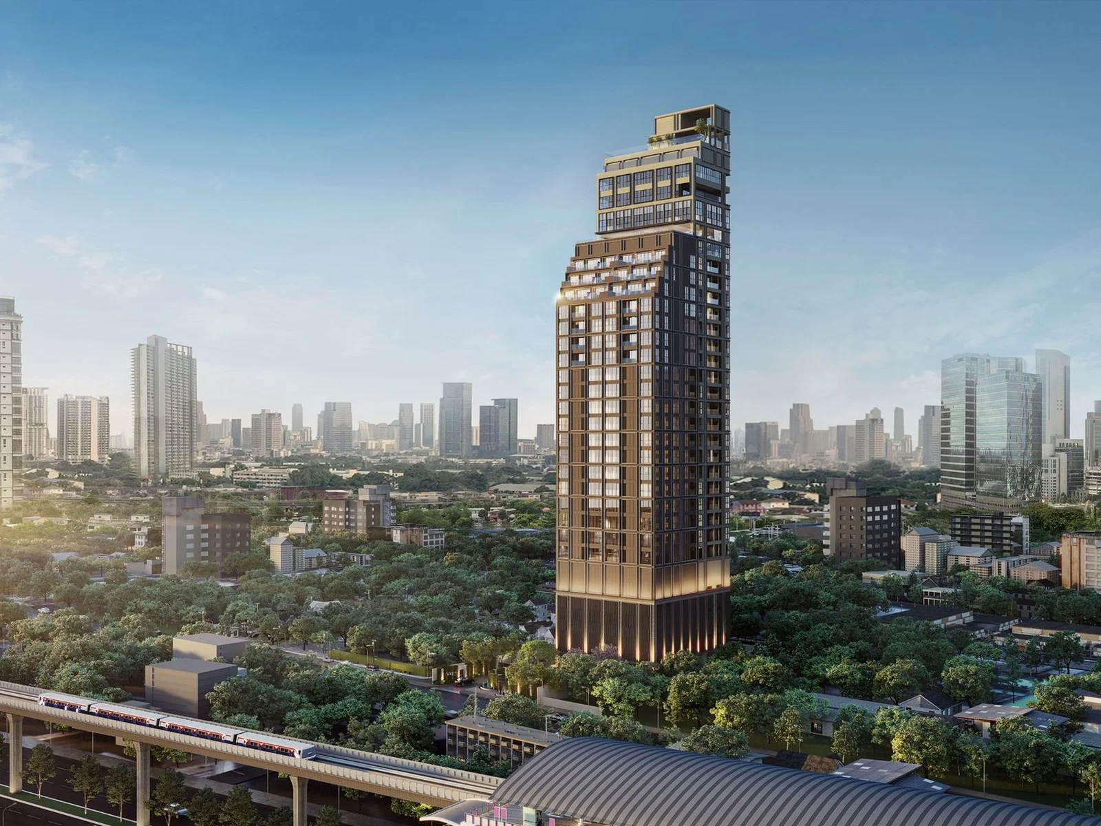 Architecture of Via Ari residence with a tall tower facade surrounded by greenery, Ari, Thailand