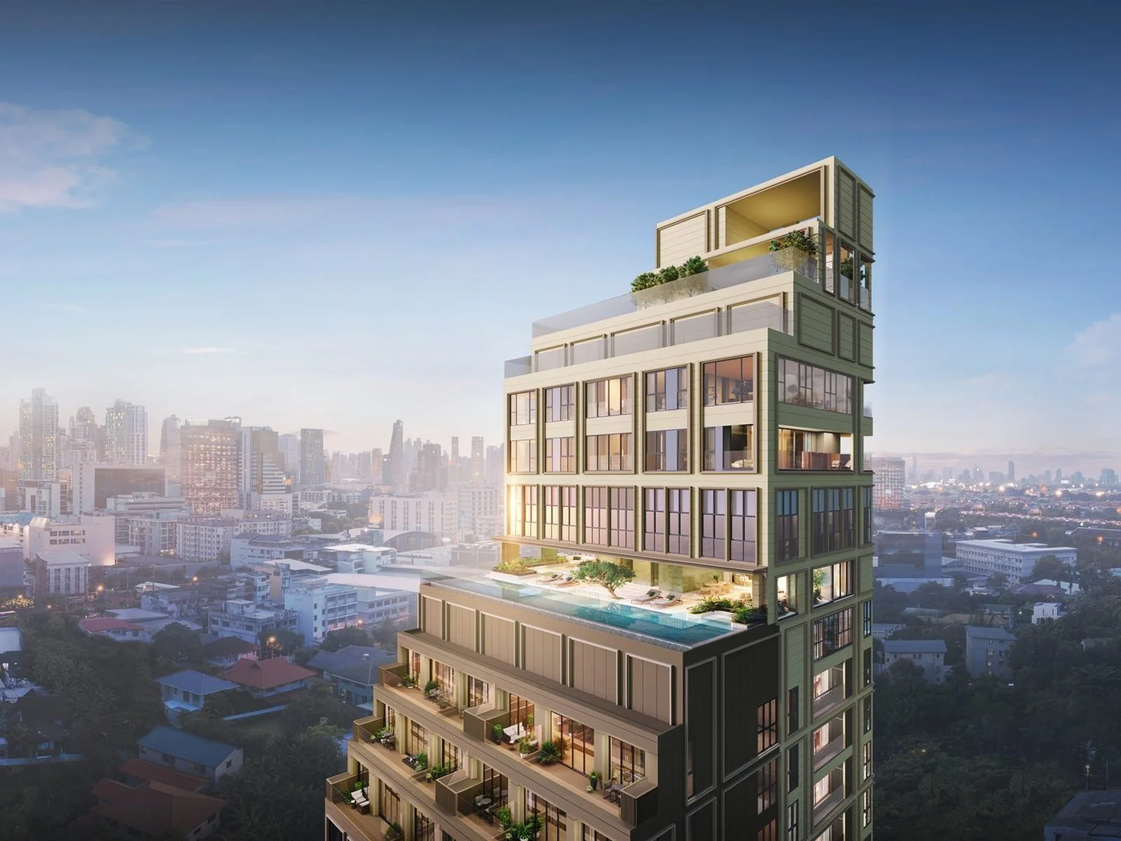 Facade of Via Ari residence with rooftop pool and city view at dusk, Ari, Thailand