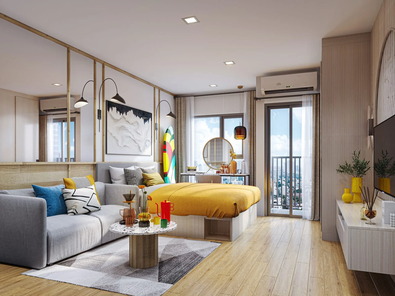 Studio-style living room and bedroom interior in a 1-bedroom apartment at FLO by Sansiri, Khlong San, Thailand