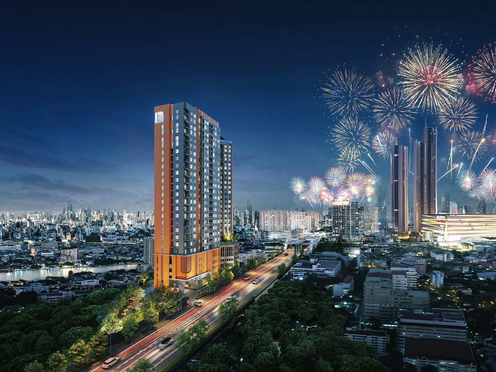 Architecture of FLO by Sansiri residence at dusk with fireworks, Khlong San, Thailand