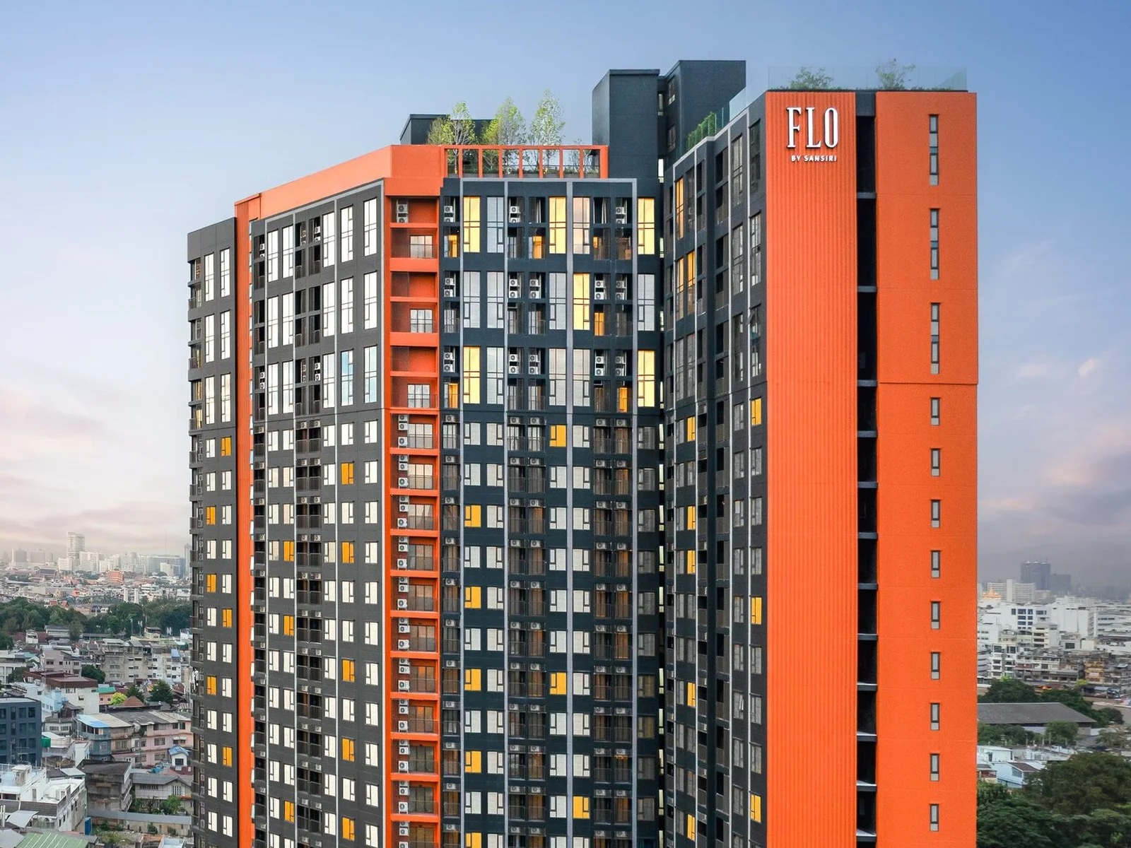 Architecture of FLO by Sansiri residence with orange and charcoal facade, Thailand