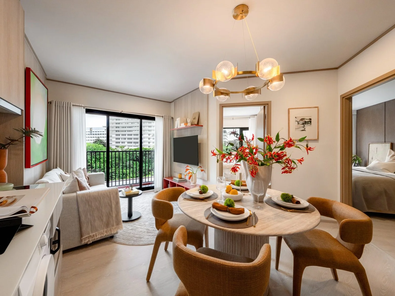 Living and dining room interior in a 2-bedroom apartment at FLO by Sansiri, Khlong San, Thailand