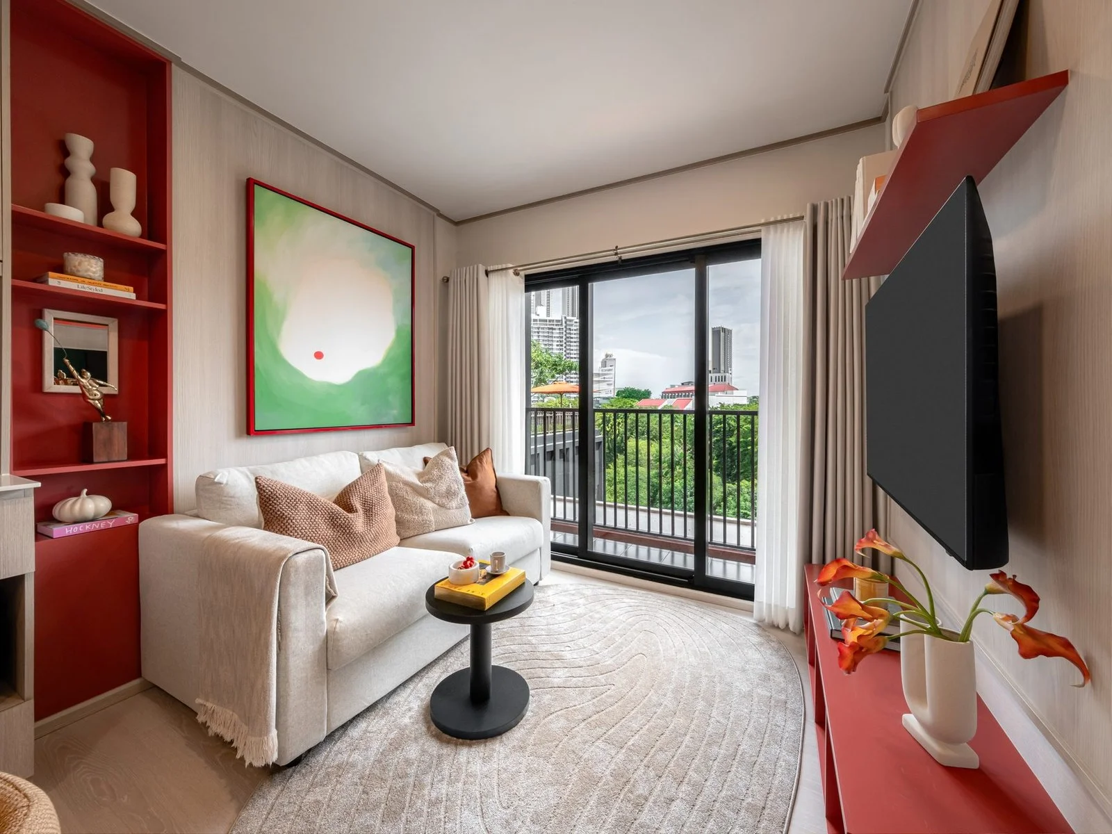 Living room interior in a 1-bedroom apartment at FLO by Sansiri, Khlong San, Thailand
