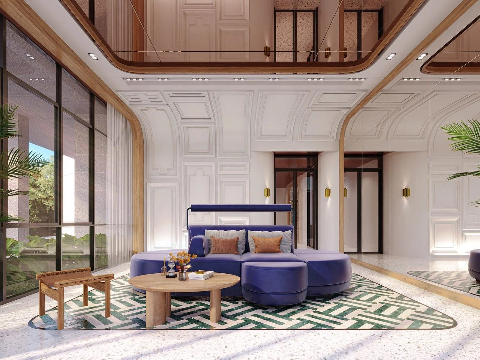 Lobby lounge with blue sofa and green patterned rug at FLO by Sansiri, Thailand, view 2