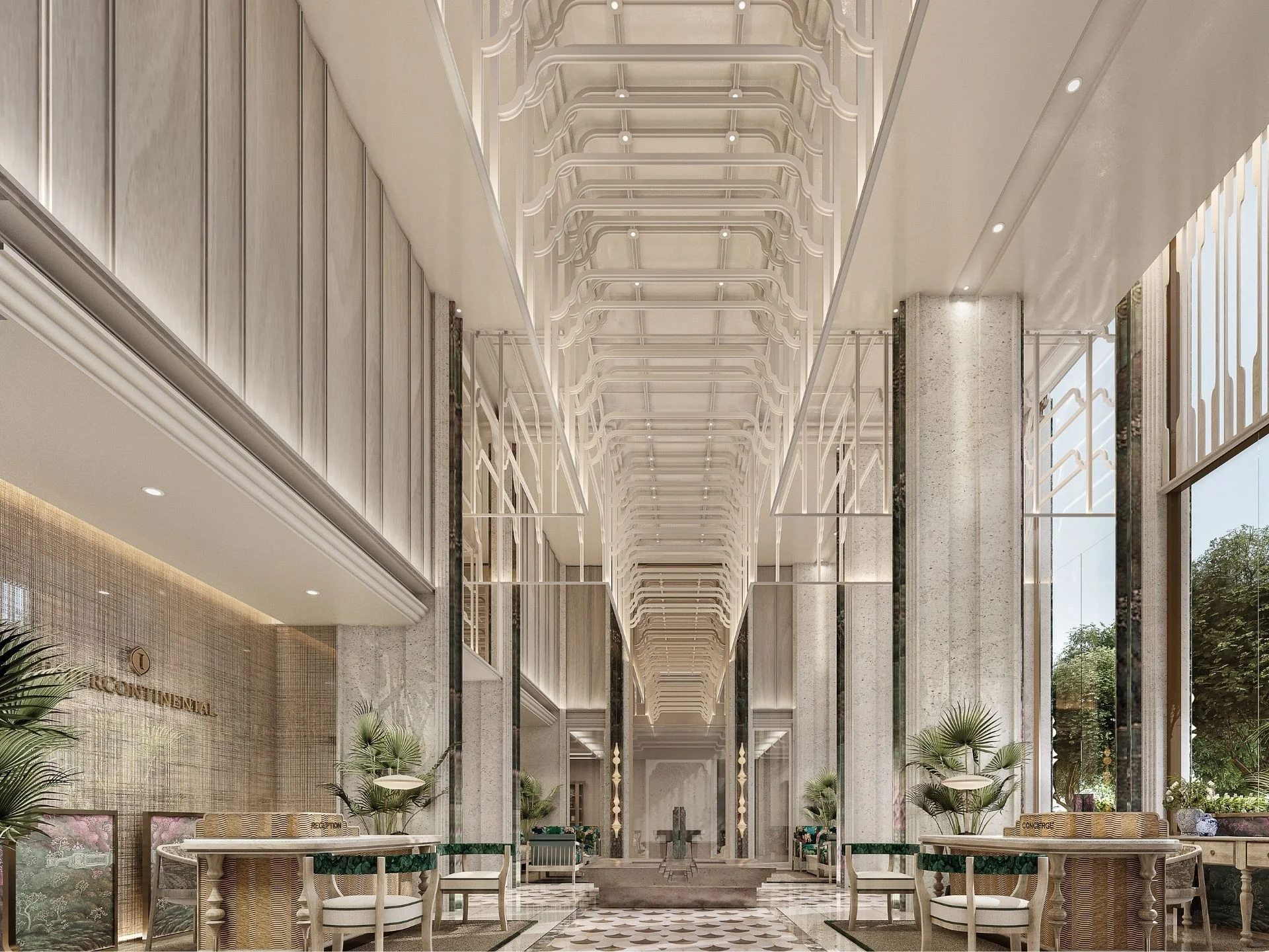 Lobby reception area with palm plants and concierge desk at The Residences at InterContinental Phuket Resort, Thailand