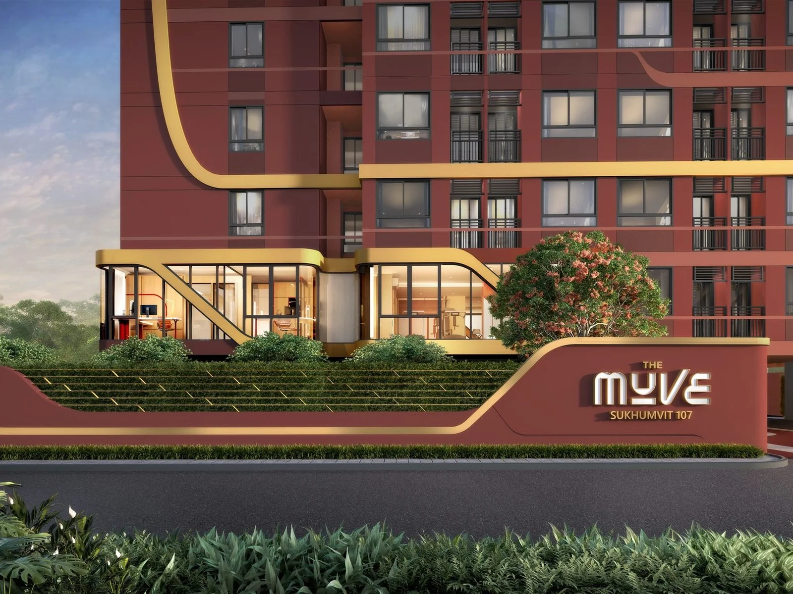 The Muve Sukhumvit 107 architecture, red façade with gold trim and project signage, Bangna, Thailand