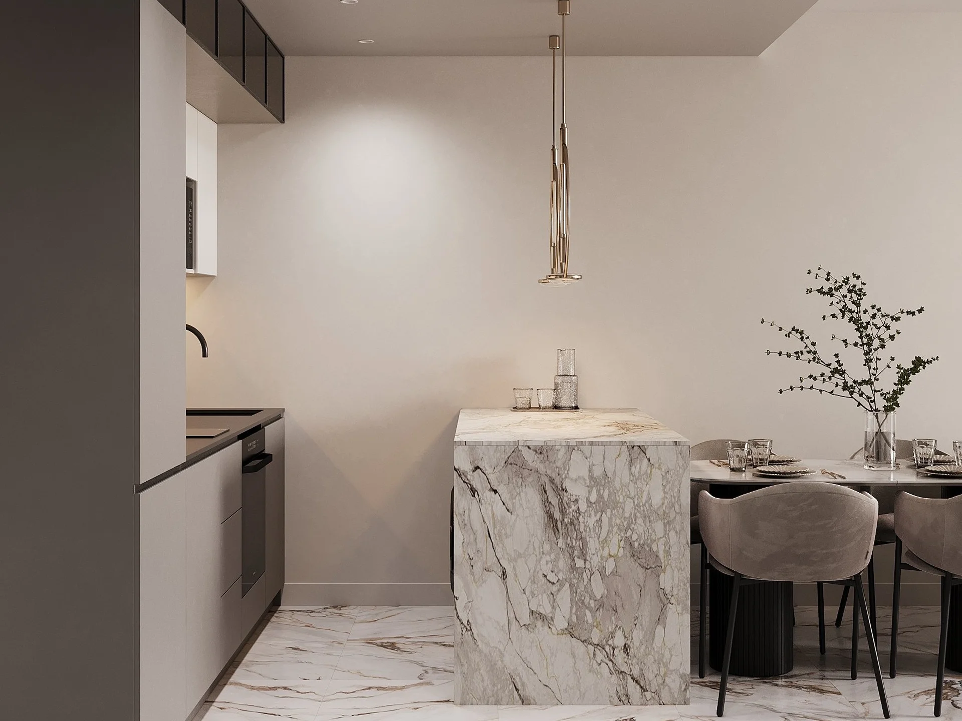Kitchen and dining area interior in a 1-bedroom apartment at Sun Hills Lakeside, Thailand