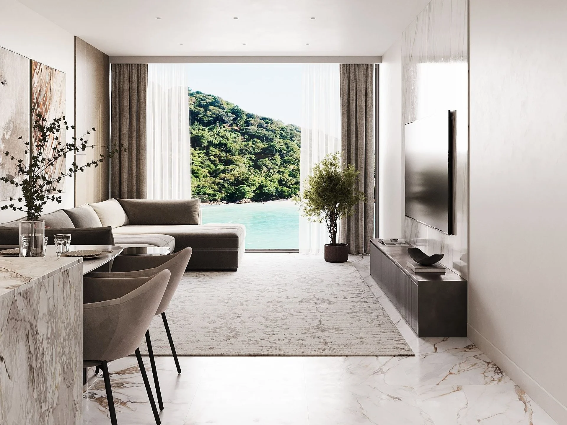 Living room interior with sea view in a 1-bedroom apartment at Sun Hills Lakeside, Layan, Thailand